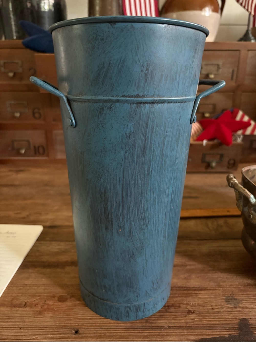 Blue Distressed Metal Vase with Side Handles